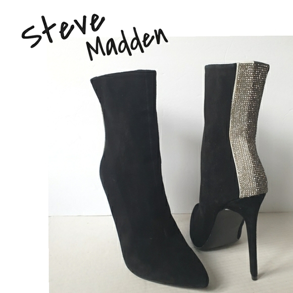 Steve Madden Wagu Black Suede Mid Calf Stiletto Booties w/ Rhinestone Back 7.5 - Picture 17 of 17